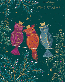Sara Miller : Woodland Tales Owls in Crowns Happy Christmas  - Kort med kuvert