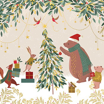 Sara Miller : Woodland Tales Christmas Bear & Tree  - Guldfärgad ask med 8 kort och kuvert