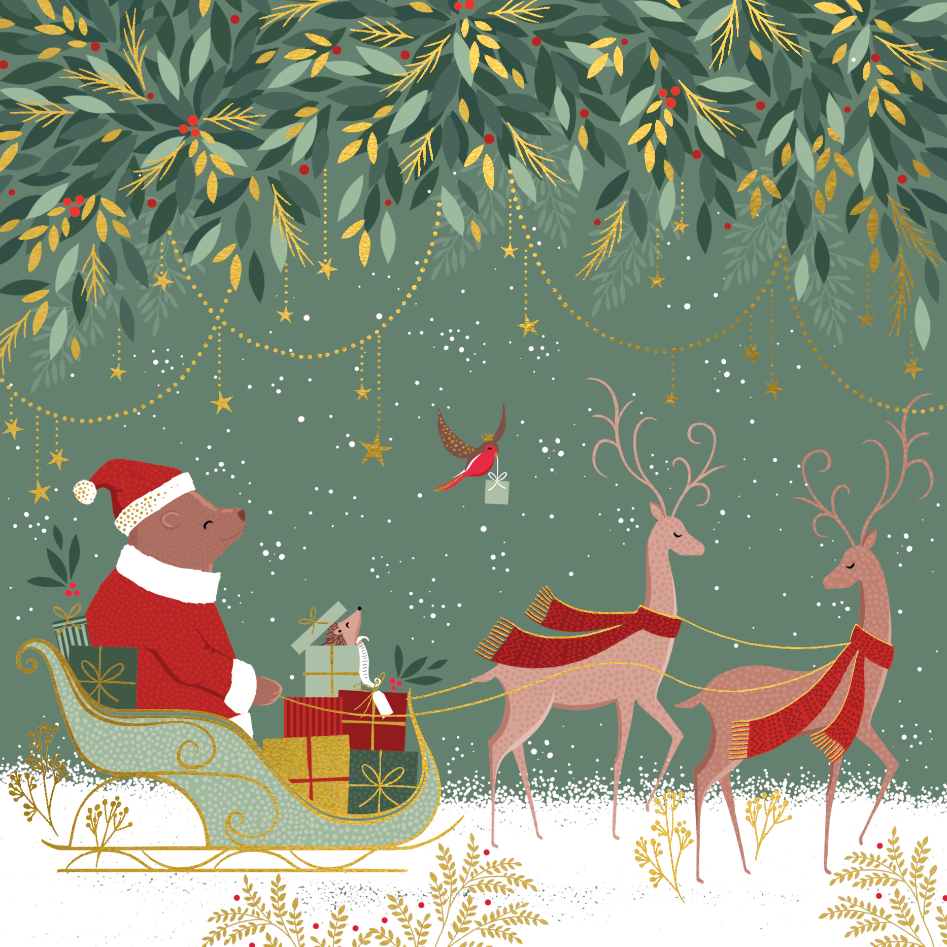 Sara Miller : Woodland Tales Christmas Bear & Sleigh  - Guldfärgad ask med 8 kort och kuvert