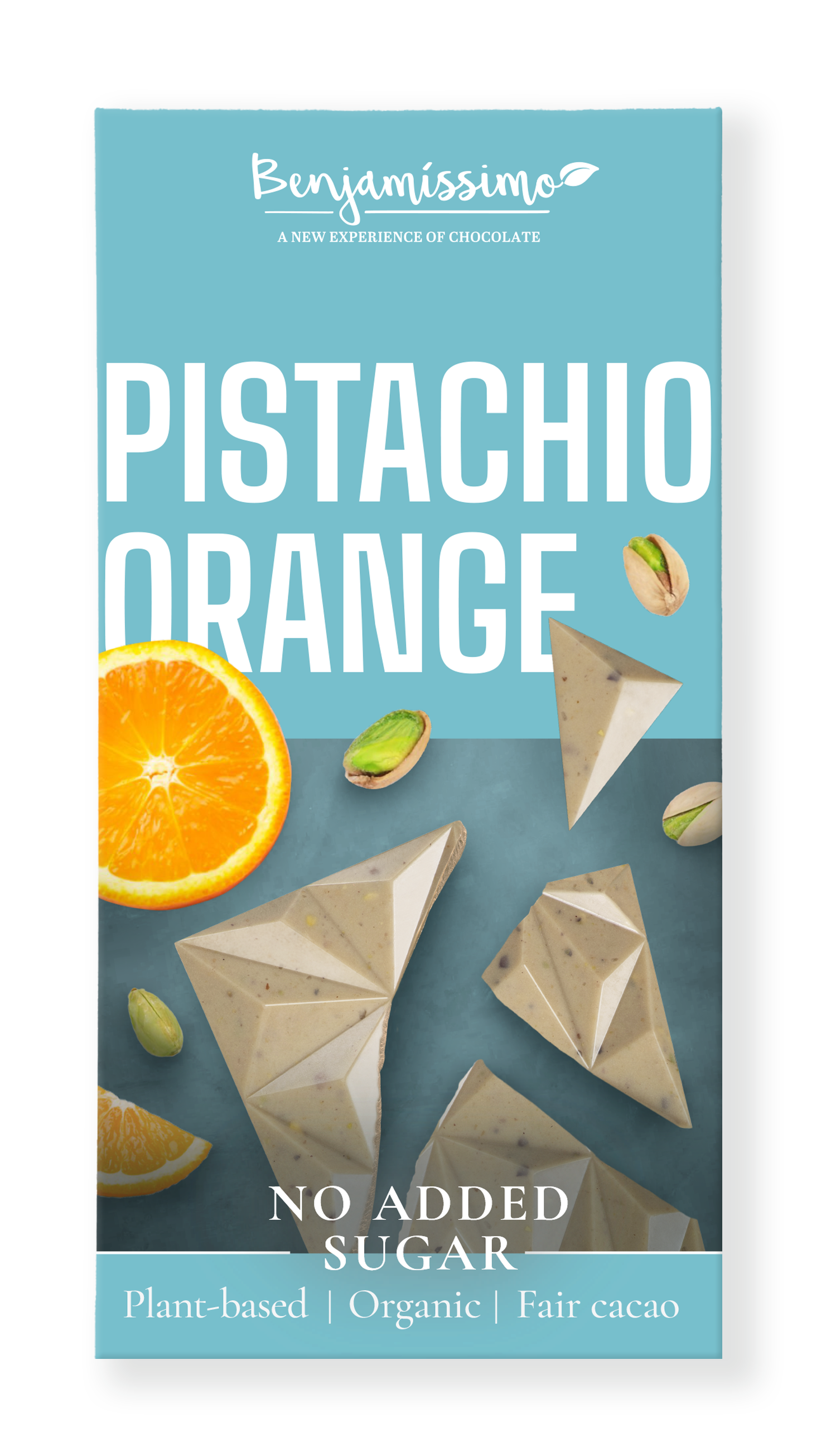 Vegan Chocolate, Pistachio & Orange, sugar free EKO 60g, Benjamissimo