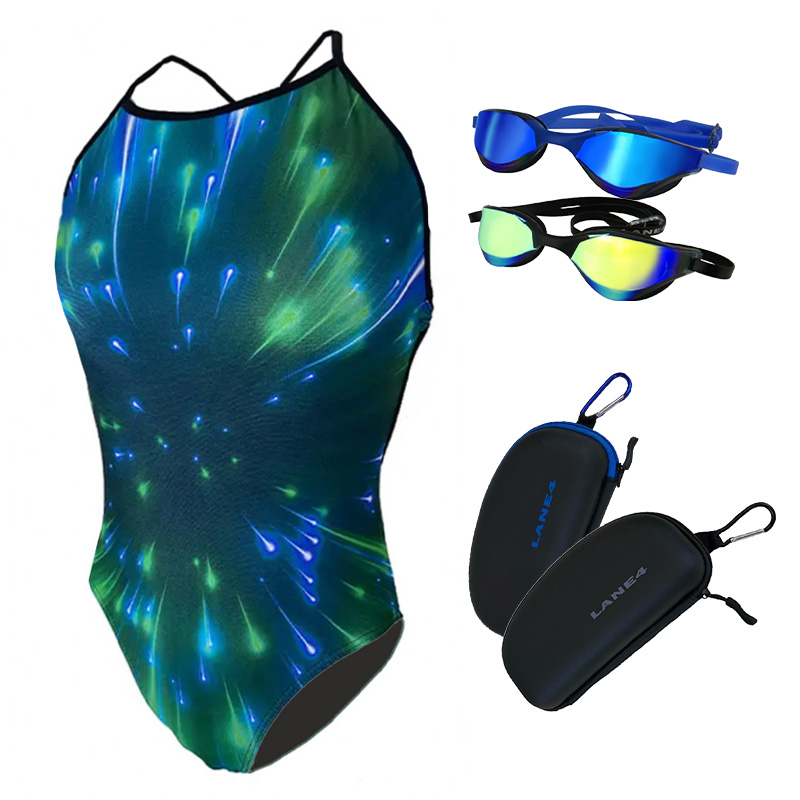 Schwimm-Paket! Universe-Badeanzug mit Schnürung, Flow Isha Elite Schwimmbrille &amp; Brillenetui