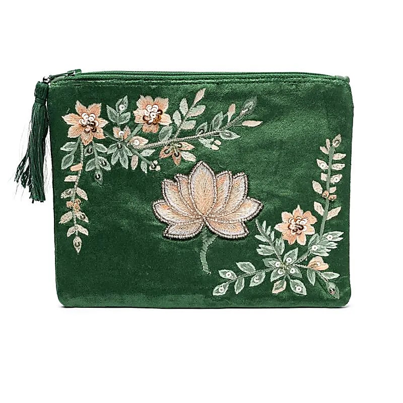 Sammetspåse med dragkedja grön med lotus