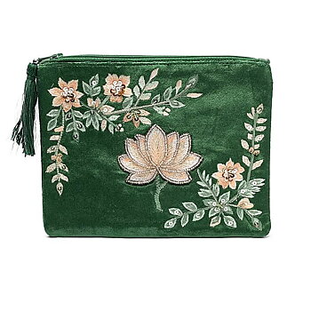 Sammetspåse med dragkedja grön med lotus