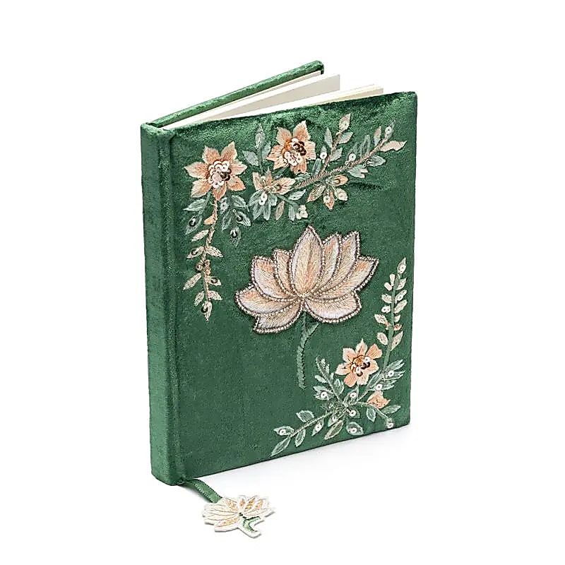 Anteckningsbok sammet  grön med lotus