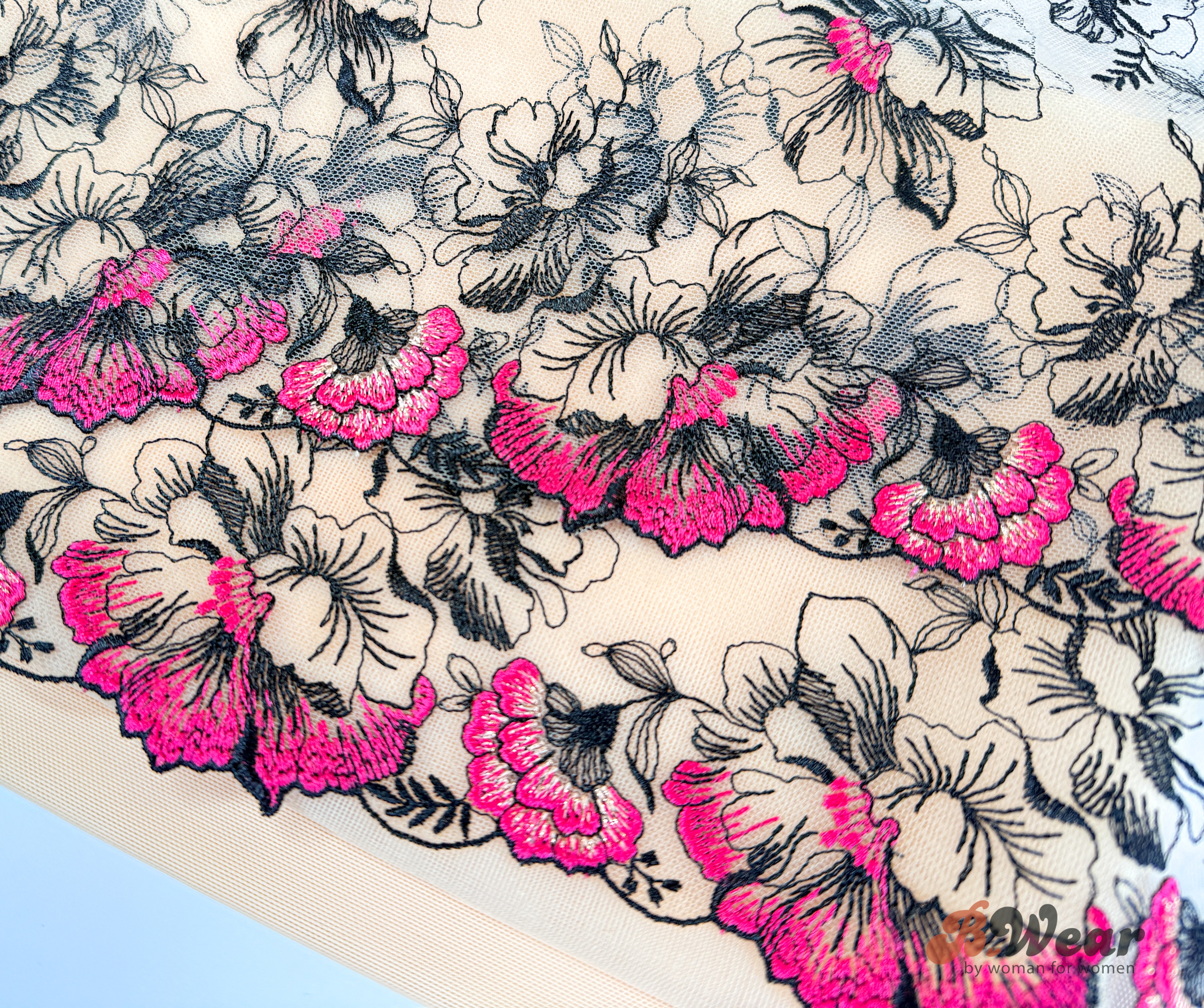 Non-stretch lace in beige with beautiful black and red flowers