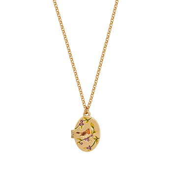Fable Robin & Blackberry halsband i guld med rödhake, svarta bär och gröna blad.