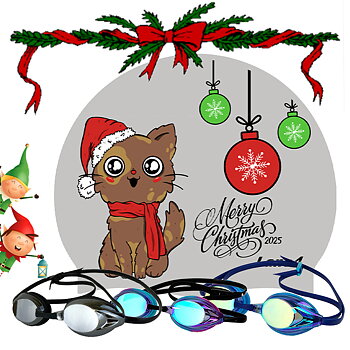 Silicone swim cap with a funny cat face and a pair of professional training and competition goggles