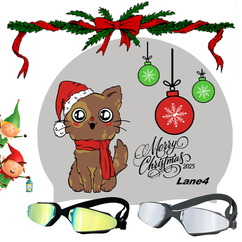 Christmas swim cap and 1 pair of Super Swim Biofuse goggles