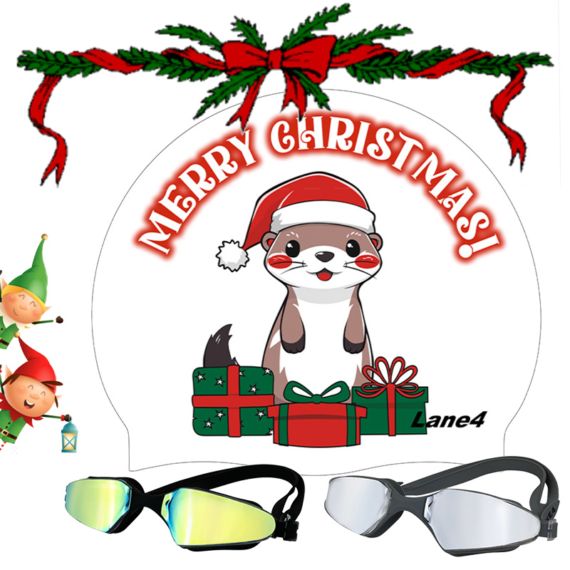 Christmas swim cap and 1 pair of Super Swim Biofuse goggles