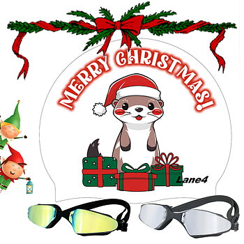 Christmas swim cap and 1 pair of Super Swim Biofuse goggles