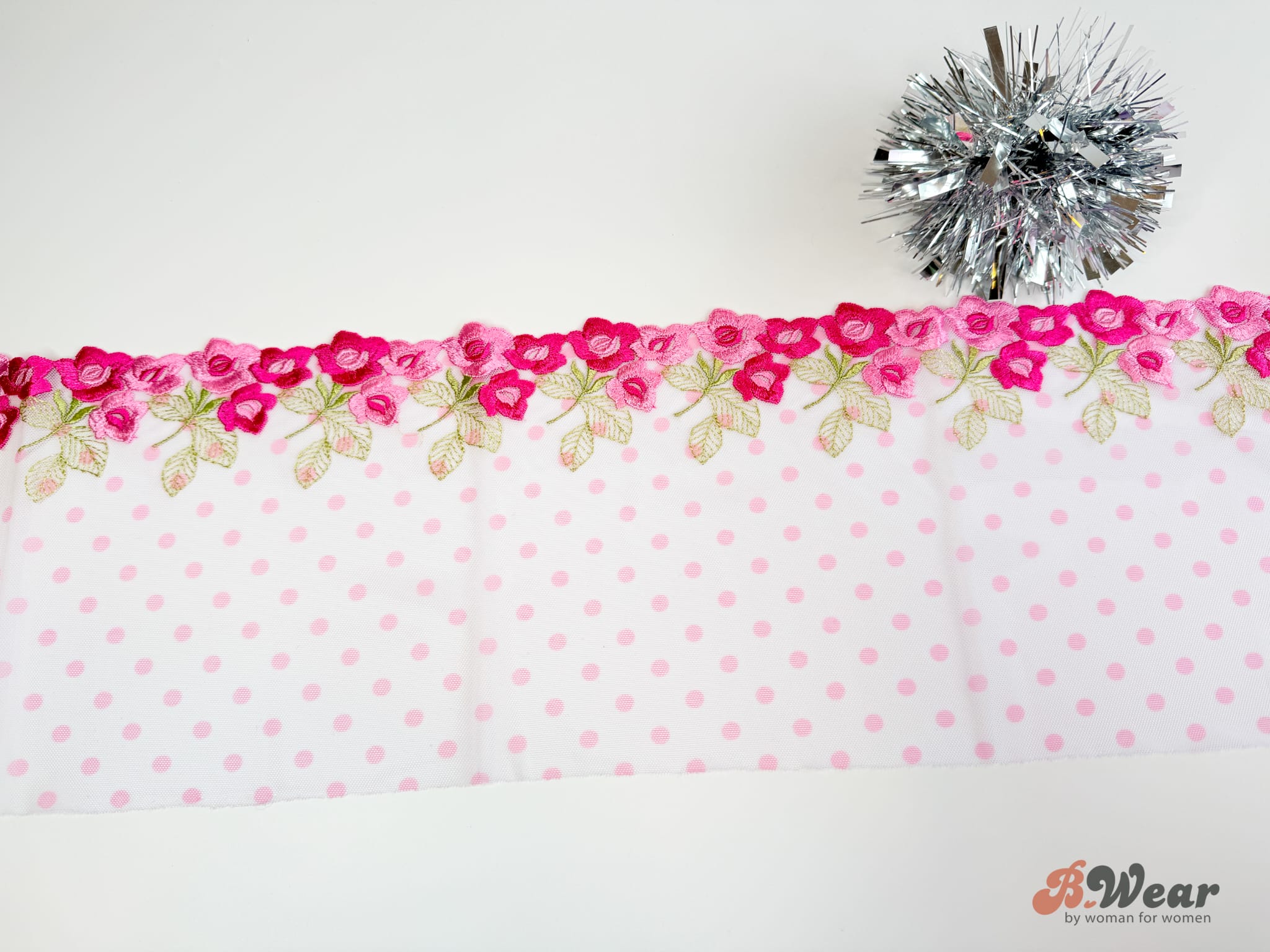 Non-stretch lace in white with pink dots and flowers - 21 cm - 2