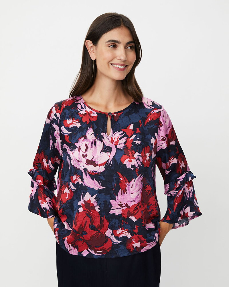 Blus Bimelda A-linje rosa röda blommor