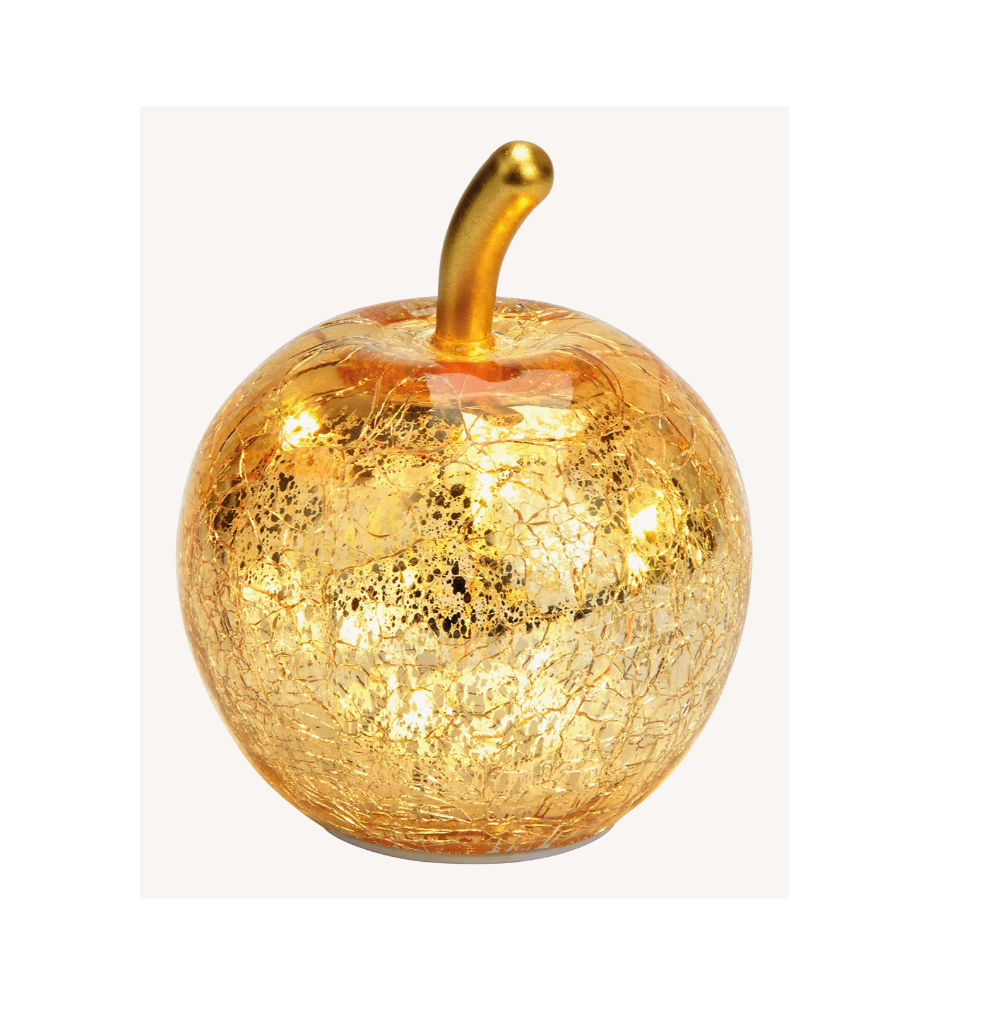 Äpple i glas guld med LED- belysning och timer S. 9 cm