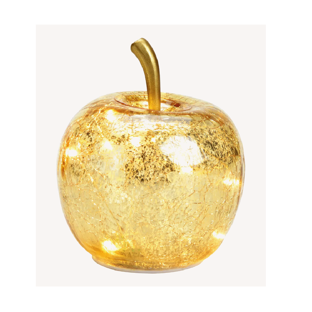 Äpple i glas guld med LED- belysning och timer M 12 cm