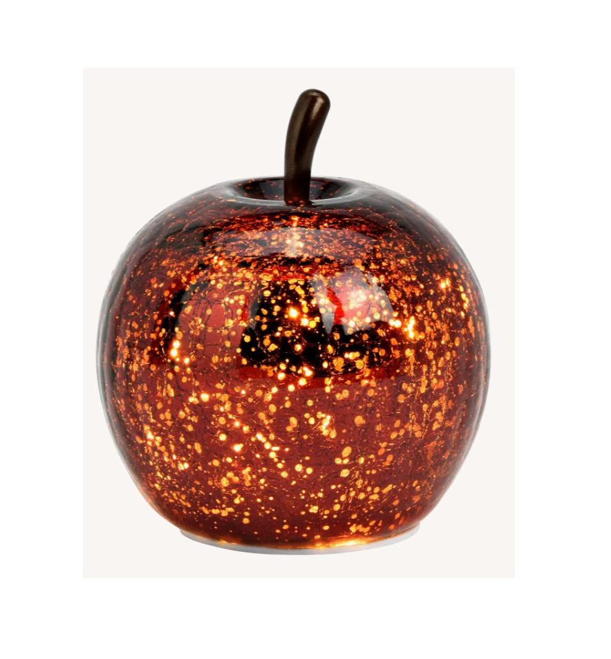 Äpple i glas röd metallic  med LED- belysning och timer M 12 cm