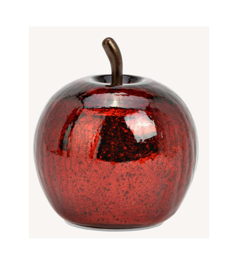 Äpple i glas röd metallic  med LED- belysning och timer M 12 cm