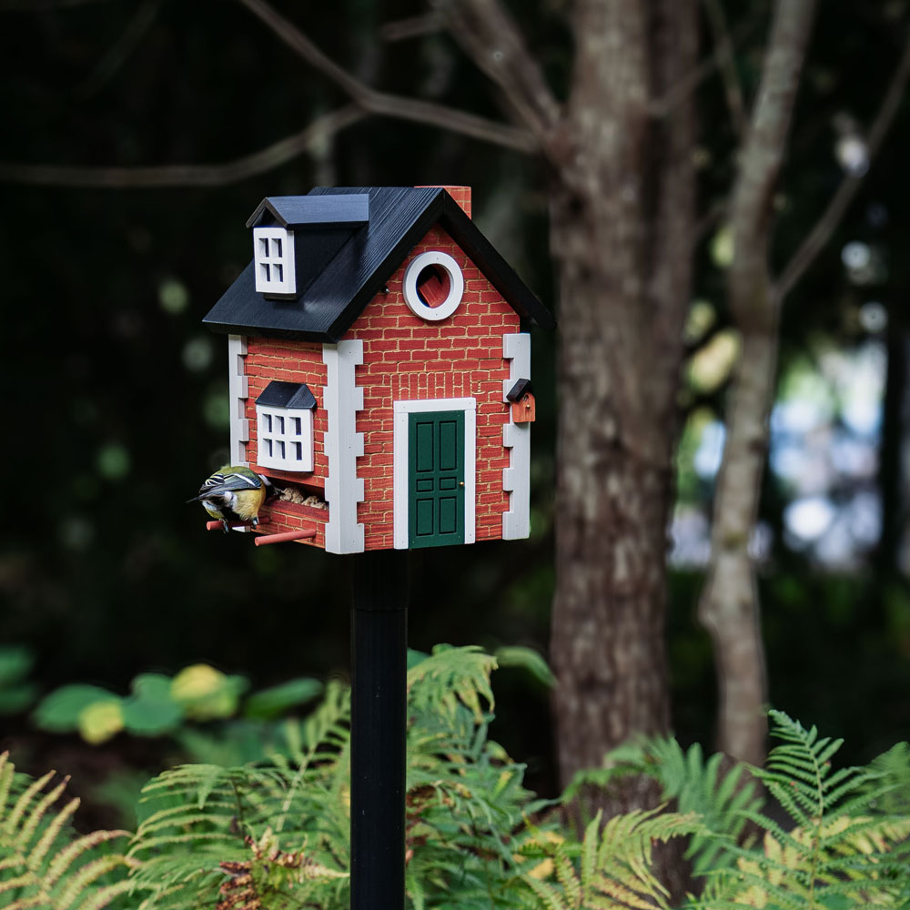 Multiholk Brick Cottage in a woodland setting, with a great tit perched on the feeding perch.