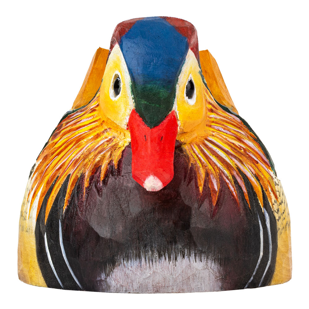 Front view of DecoBird Mandarin Duck, highlighting its red bill and brightly coloured facial feathers.