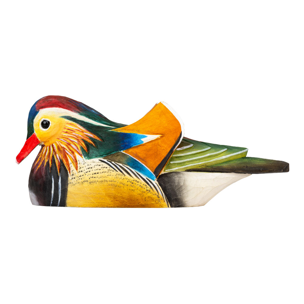 DecoBird Mandarin Duck shown in side view, highlighting its colourful plumage and bright red bill.