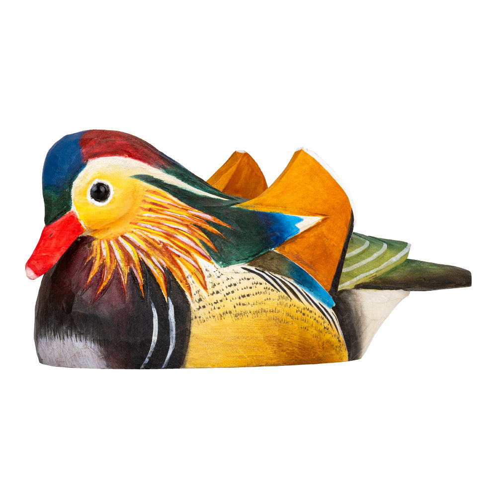 DecoBird Mandarin Duck shown at an angle, emphasising its decorative wings and vibrant colours.