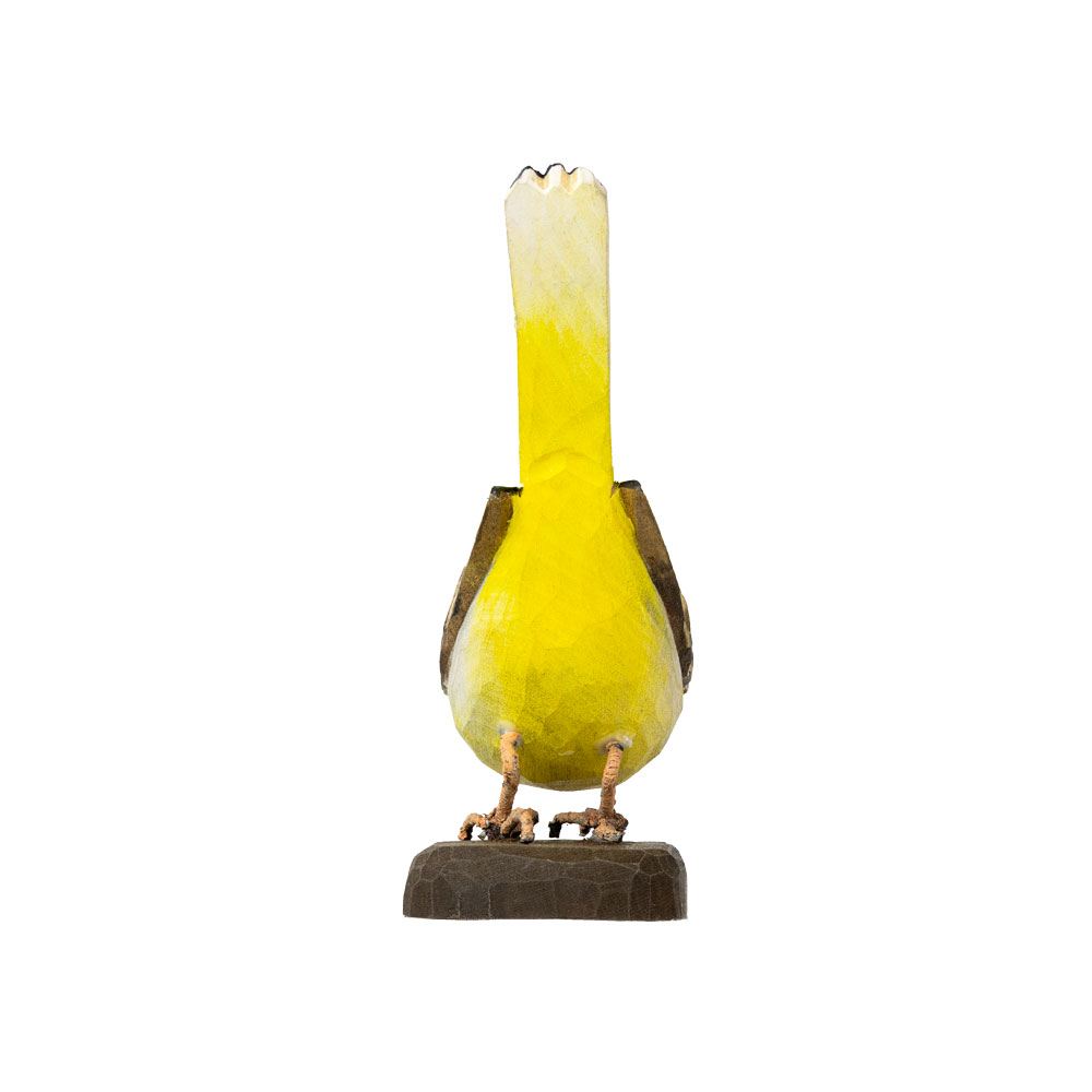 DecoBird Grey Wagtail shown from the back, with its yellow tail raised above the wooden base.