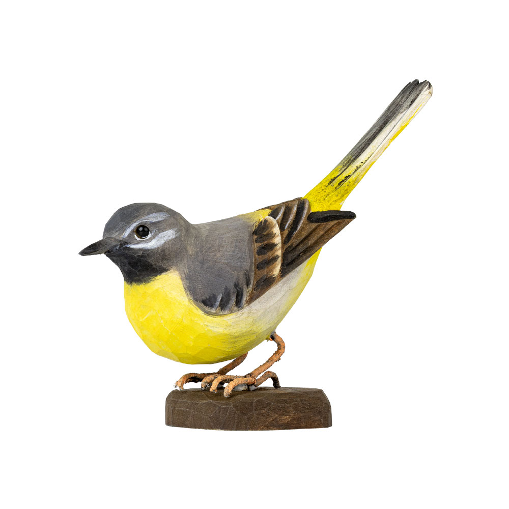 DecoBird Grey Wagtail shown at an angle, highlighting its grey back, yellow underparts, and long tail.
