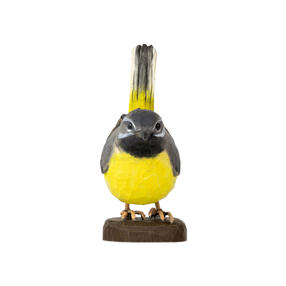 Front view of DecoBird Grey Wagtail, with the hand-carved bird standing upright on its wooden base.