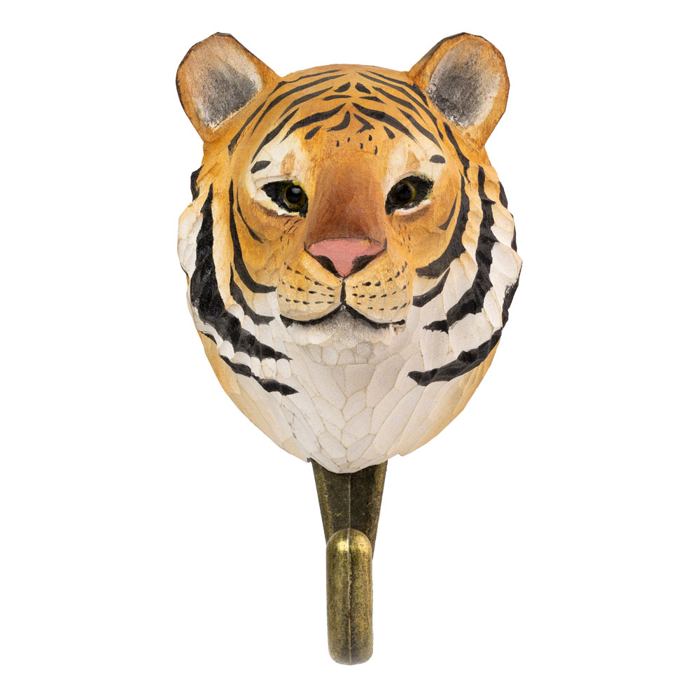 Haken Tiger frontal gezeigt, mit einem handgeschnitzten Tigerkopf und Metallhaken vor weißem Hintergrund.