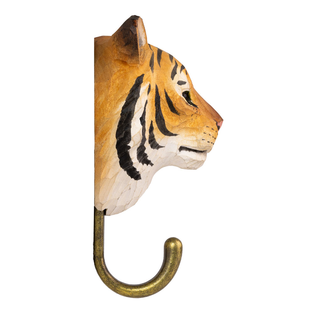 Haken Tiger seitlich gezeigt, mit einem handgeschnitzten Tigerkopf und Metallhaken vor weißem Hintergrund.