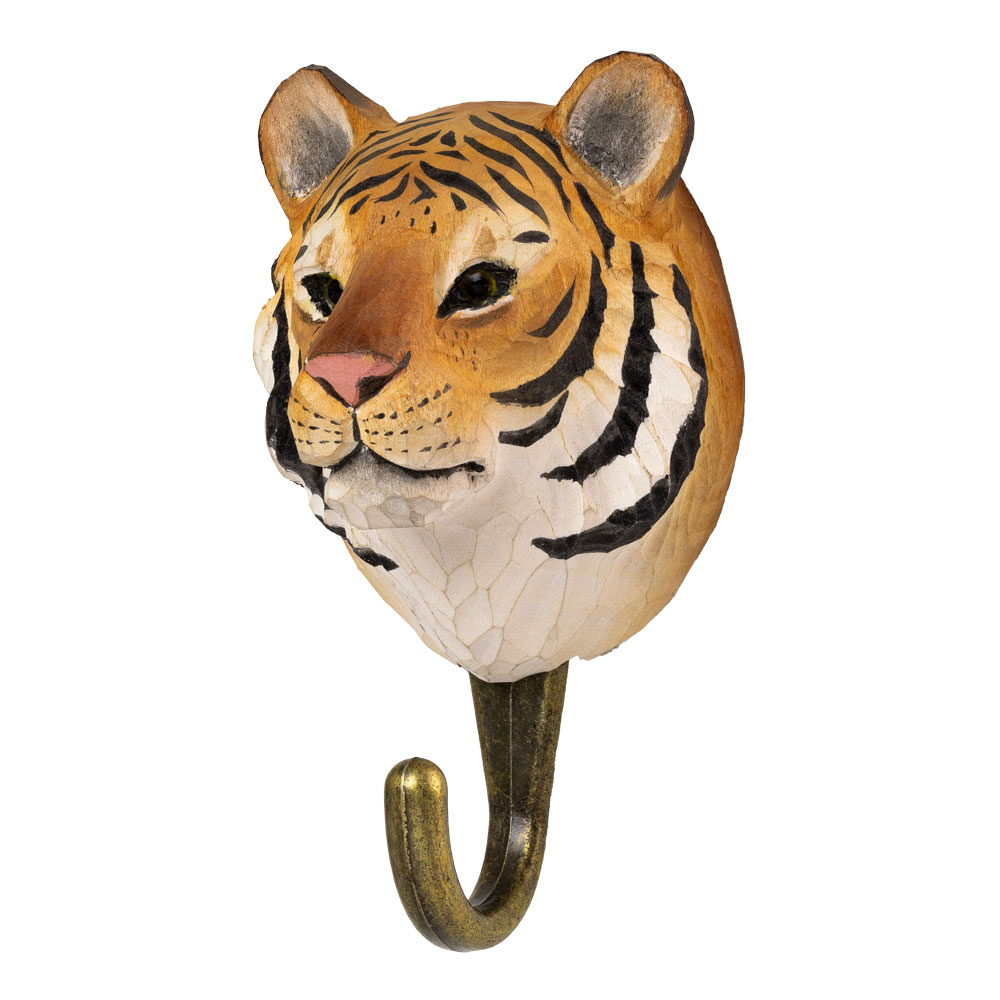 Hook Tiger shown at an angle with a hand-carved tiger head and metal hook on a white background.