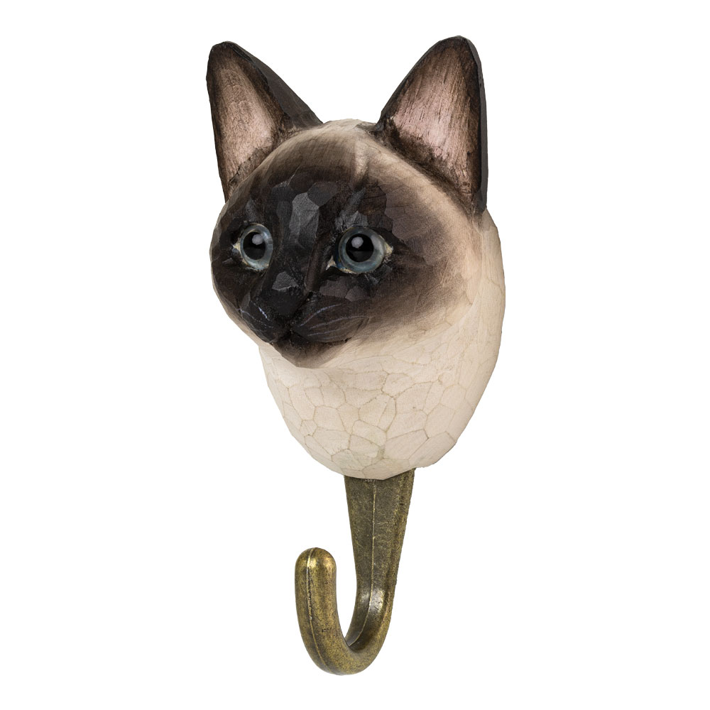 Patère Chat Siamois en angle, montrant la masque sombre et les yeux bleus.