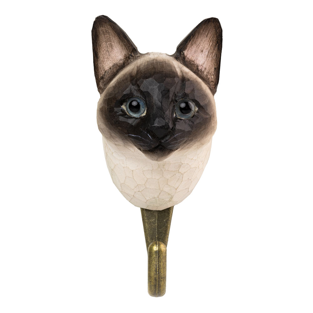 Patère Chat Siamois vue de face, avec les marques sombres du visage et les yeux bleus bien visibles.