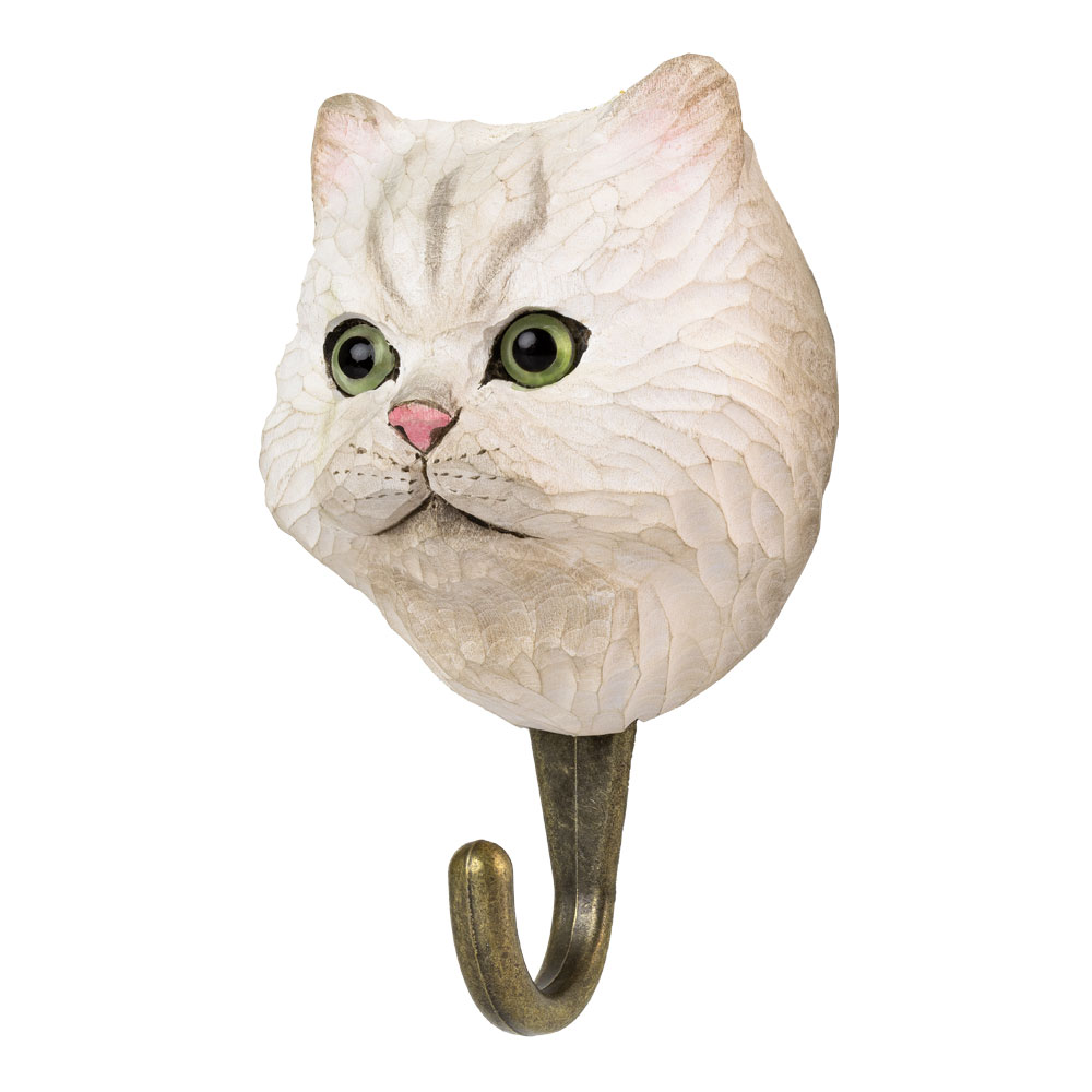 Patère Chat Persan en vue inclinée, mettant en valeur les détails sculptés et le crochet en métal.