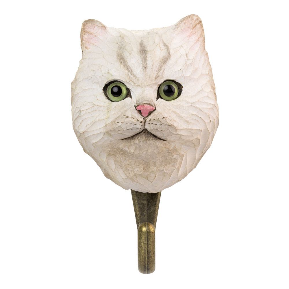 Hook Persian Cat seen from the front, showing the hand-carved cat’s face and the metal hook clearly.