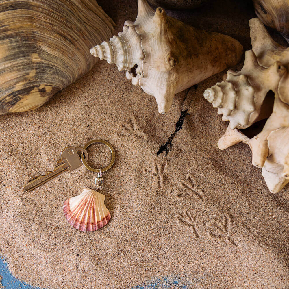 Porte-clés Pétoncle posé sur le sable, entouré de grands coquillages et de petites traces d’oiseaux.
