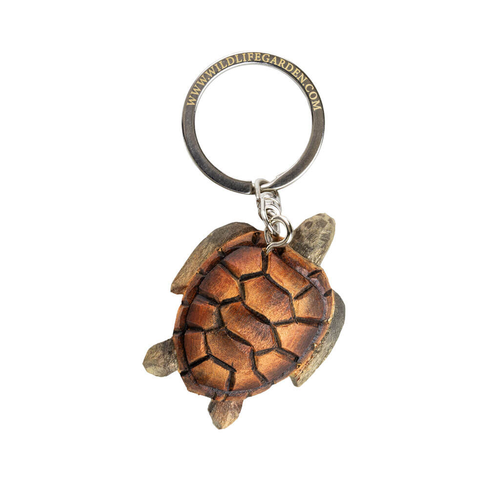 Porte-clés Tortue de mer vu de dessus avec une tortue sculptée à la main sur fond blanc.