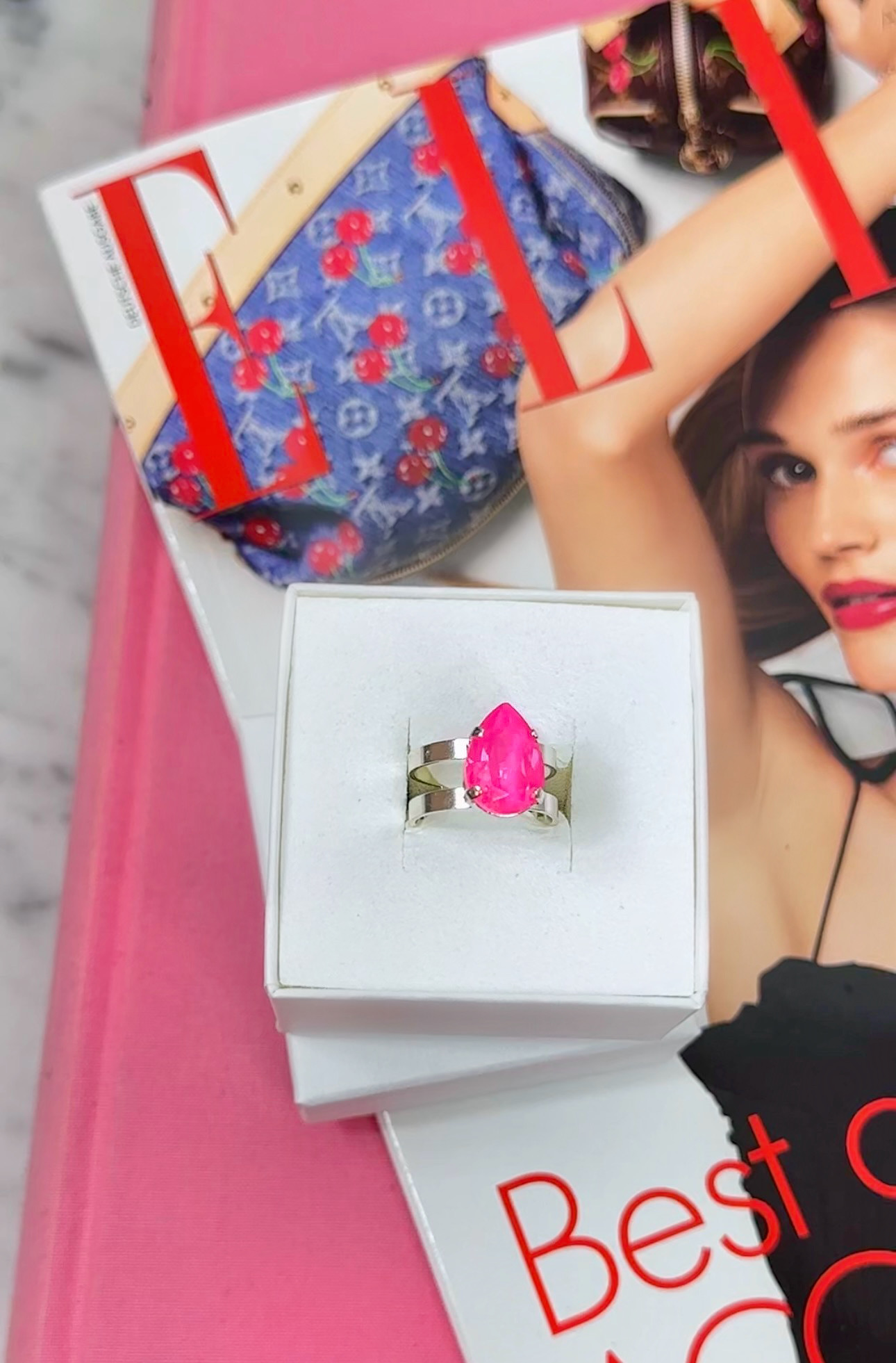 Ring Khloe Double Band Drop Petite Electric Pink Silver