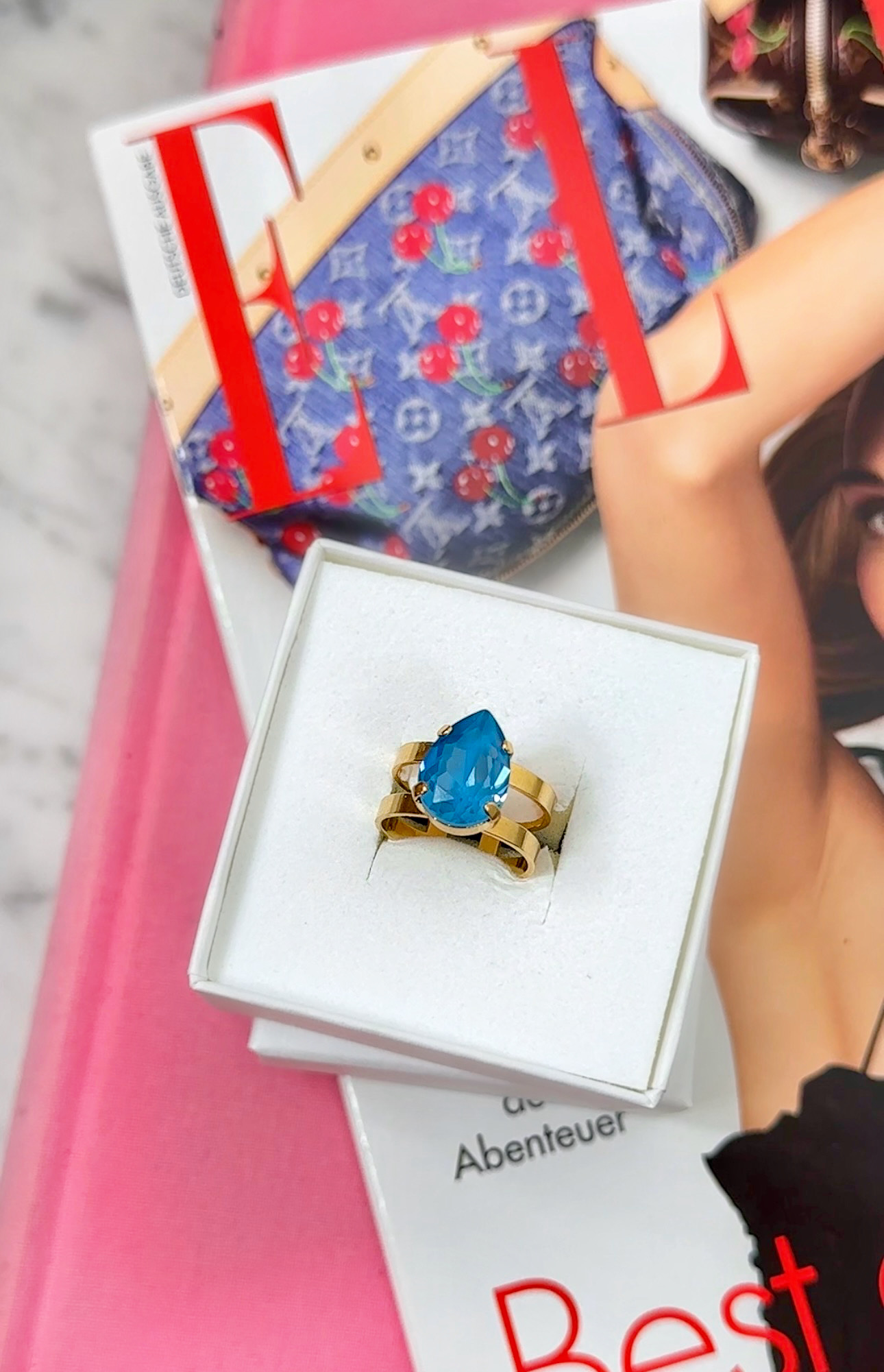 Ring Khloe Double Band Drop Petite Teal Gold