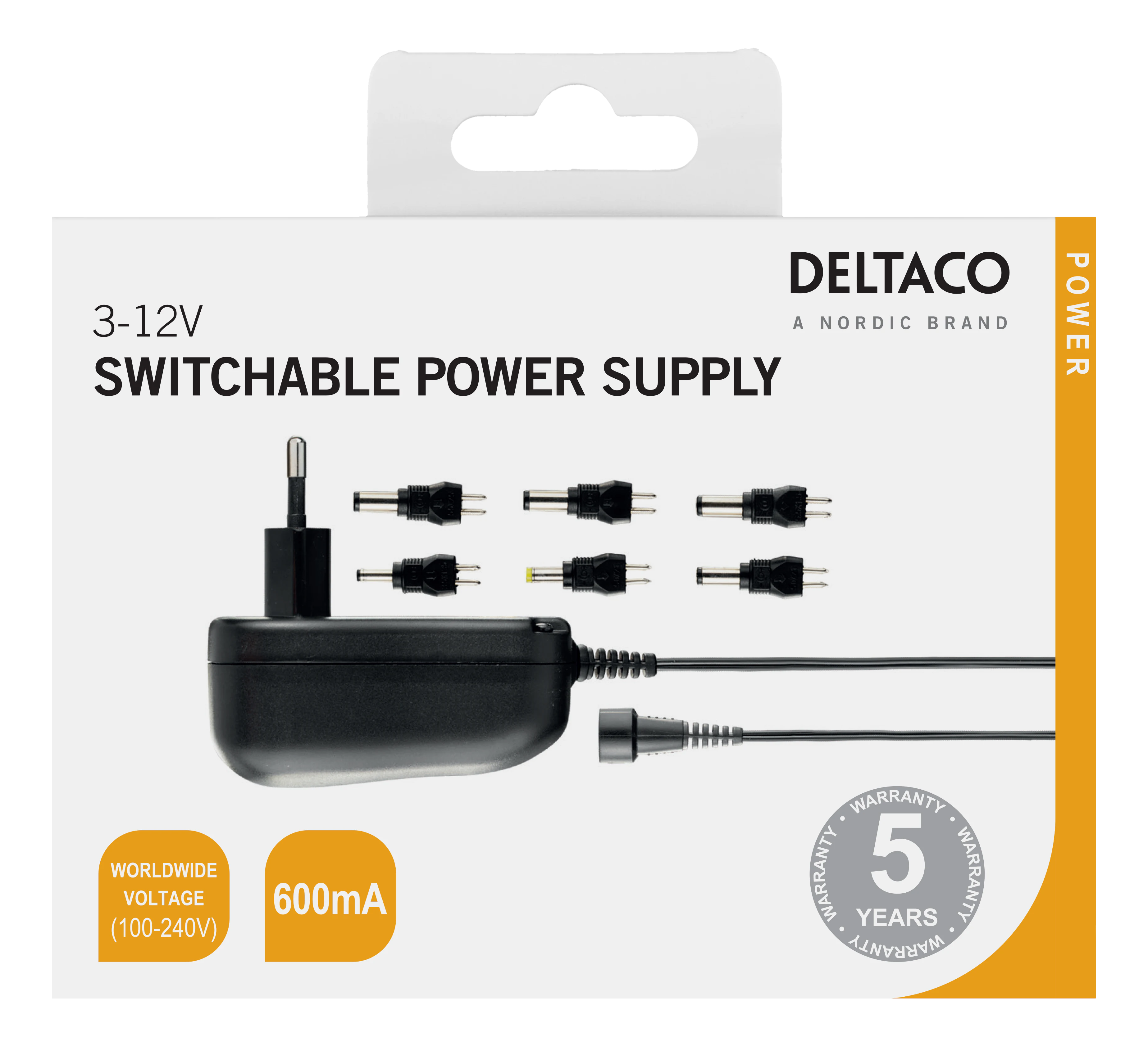 Deltaco Nätadapter 110-230V till 3-12V DC, 600 mA, utbytbara kontakter, svart - 3