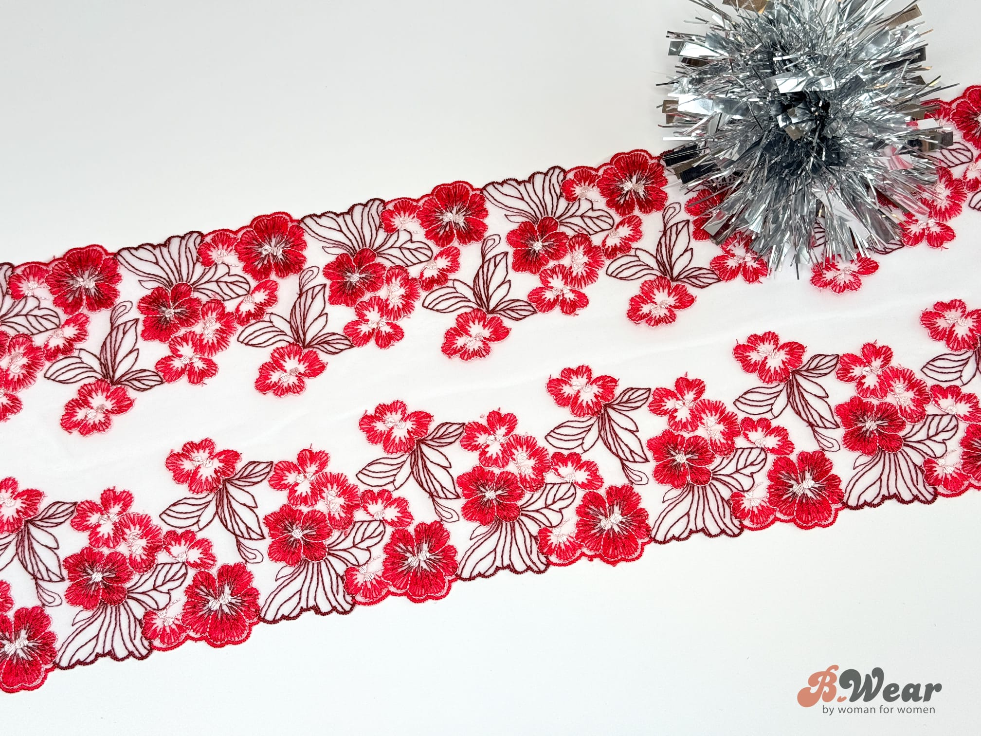 Non-stretch lace in white with Red flowers - 18 cm - 2