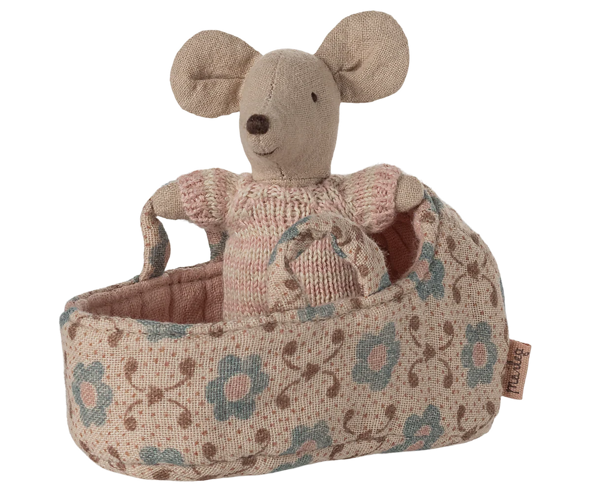 Maileg - Baby mouse in carry cot - Rose - 3
