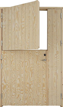 Parhästdörr är en pardörr till stall med delat dörrblad i gångdörren. Ytan är av plywood med stående spår.