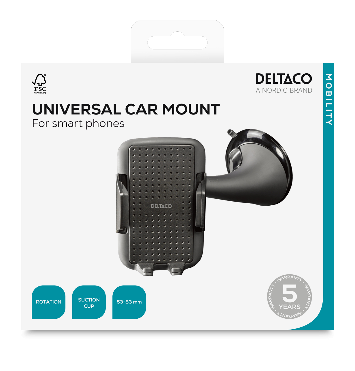 Deltaco Hållare för smartphone i bilen, justerbart fäste med sugpropp, 53-83mm, svart - 7
