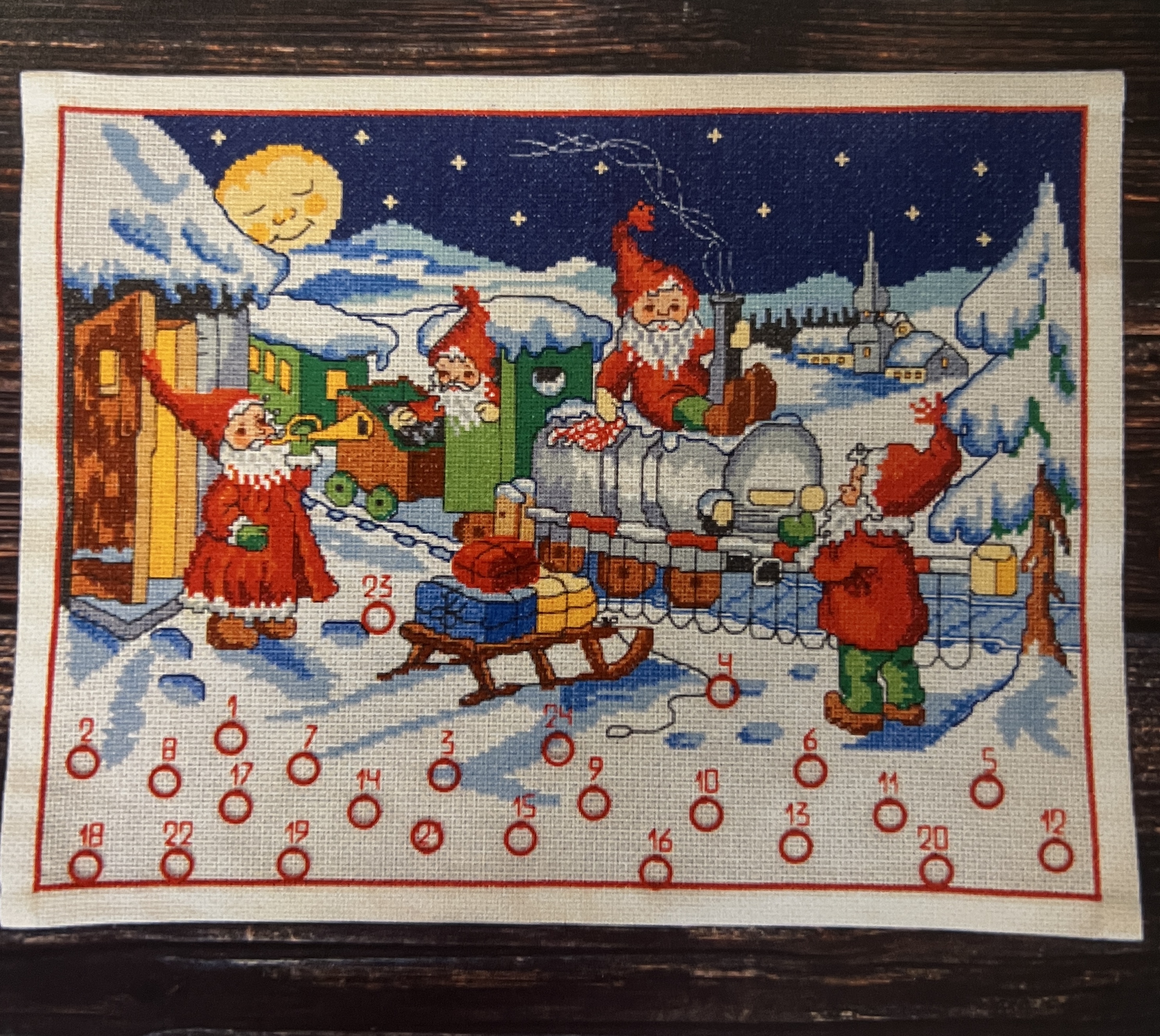 Adventskalender. Tomtar åker tåg. 