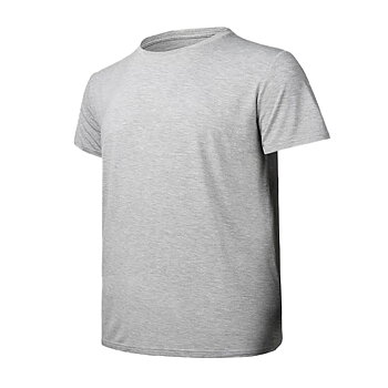 en grå t-shirt fotad lite från sidan