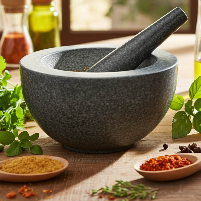 Mortel Granit 1,0 liter Ø 20cm, höjd 11cm. Komplett mortel med stöt i granit.