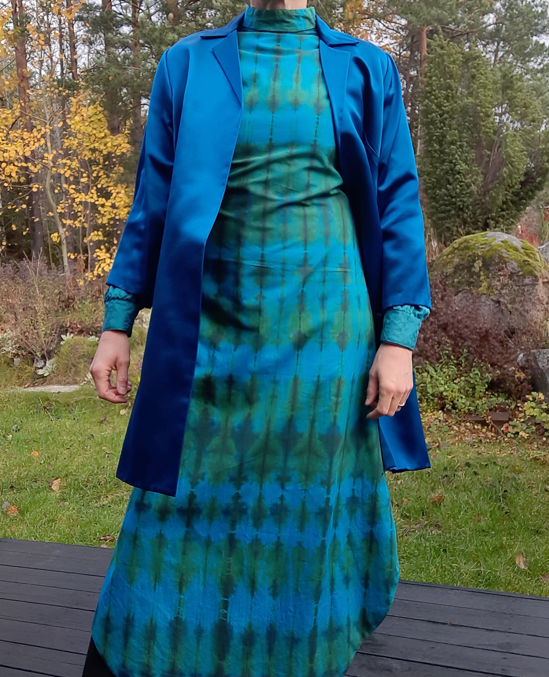 Turkos/grön batik-klänning, lång ärmlös modell (fodrad) ca storlek M, Secondhand - 6