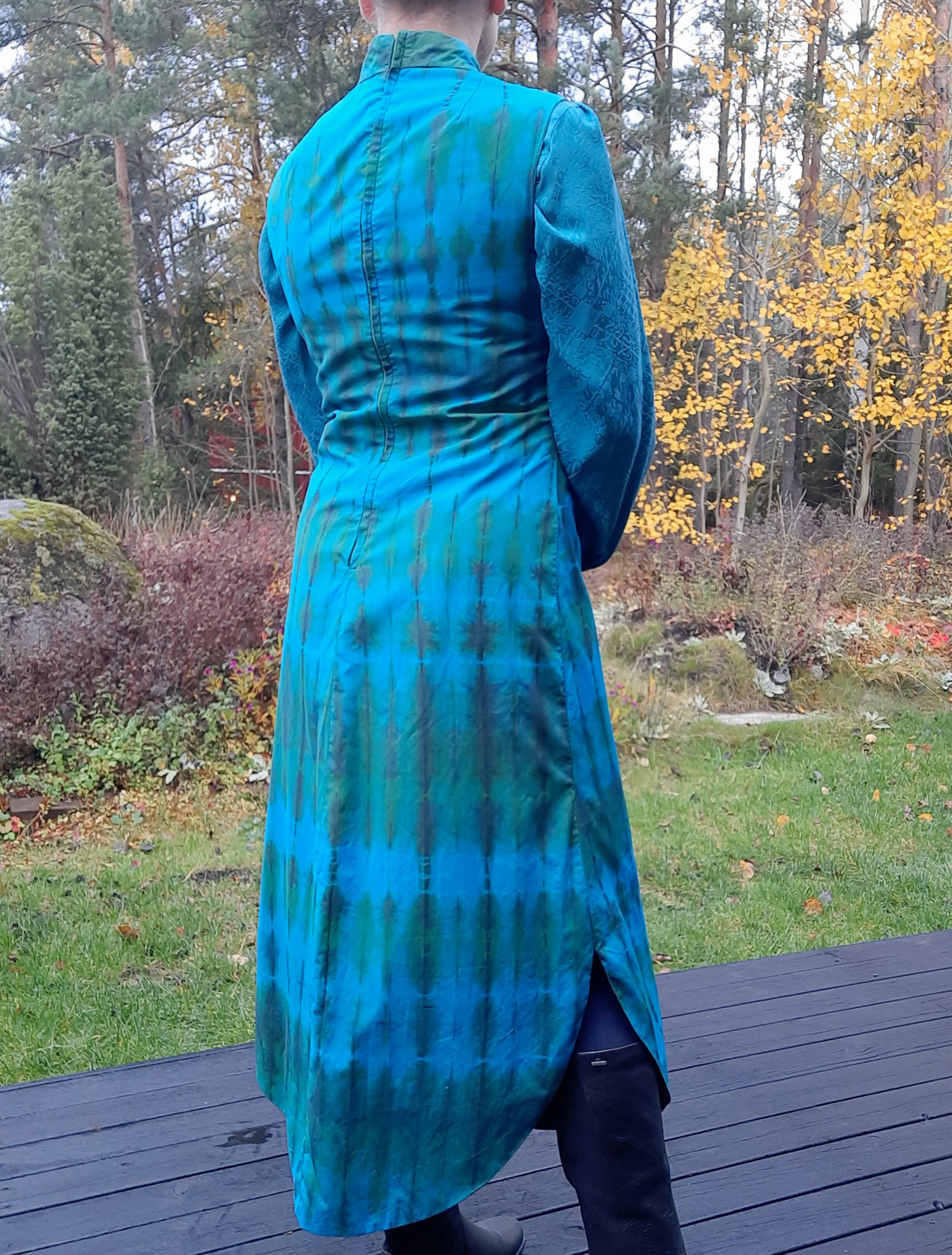 Turkos/grön batik-klänning, lång ärmlös modell (fodrad) ca storlek M, Secondhand - 8