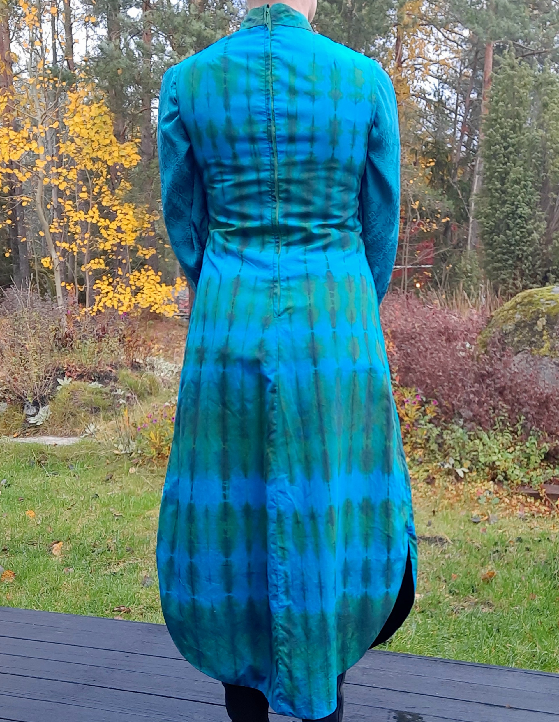 Turkos/grön batik-klänning, lång ärmlös modell (fodrad) ca storlek M, Secondhand - 5