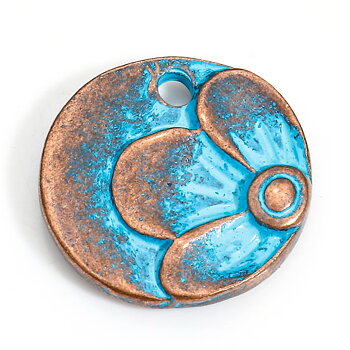 Charm, round flower,  copper patina